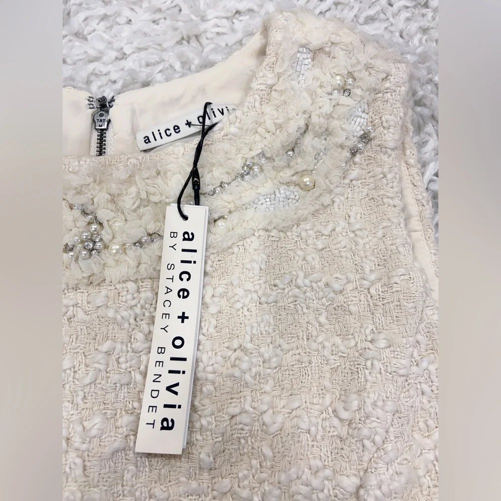 NWT Alice + Olivia Haven Embellished Ivory Tweed Dress - Picture 6 of 12